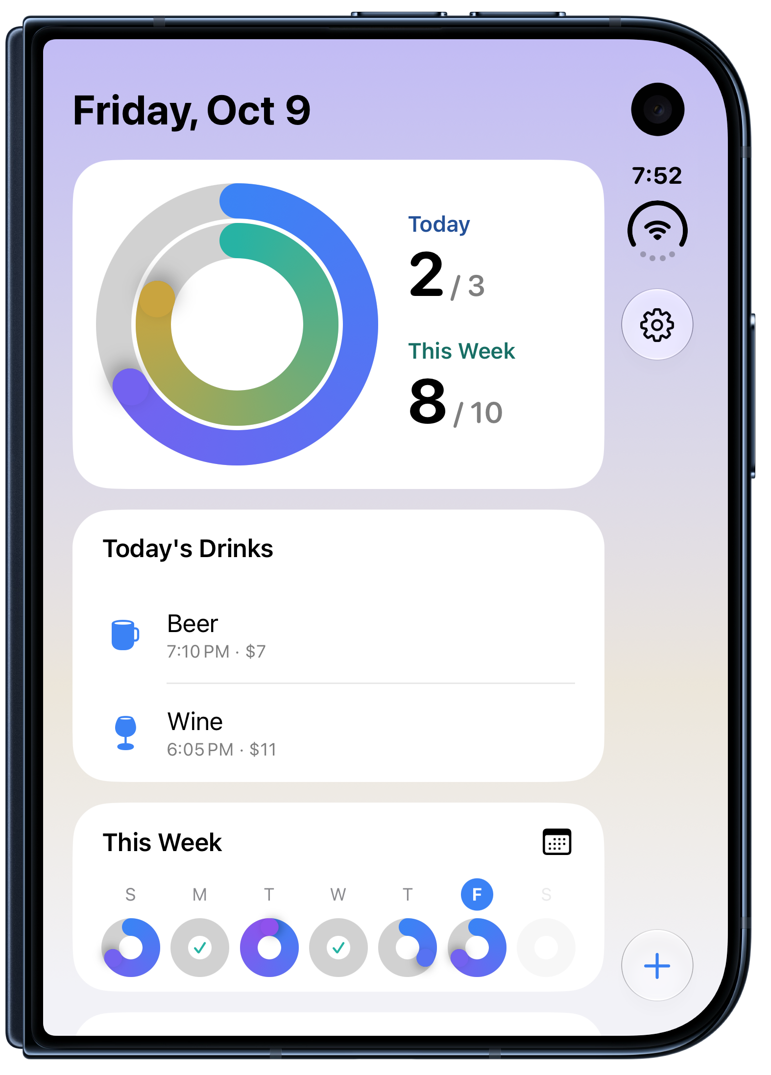 Moderation on the iPhone Duo's cover screen: today's rings, today's drinks and the week, with the log button in the side rail