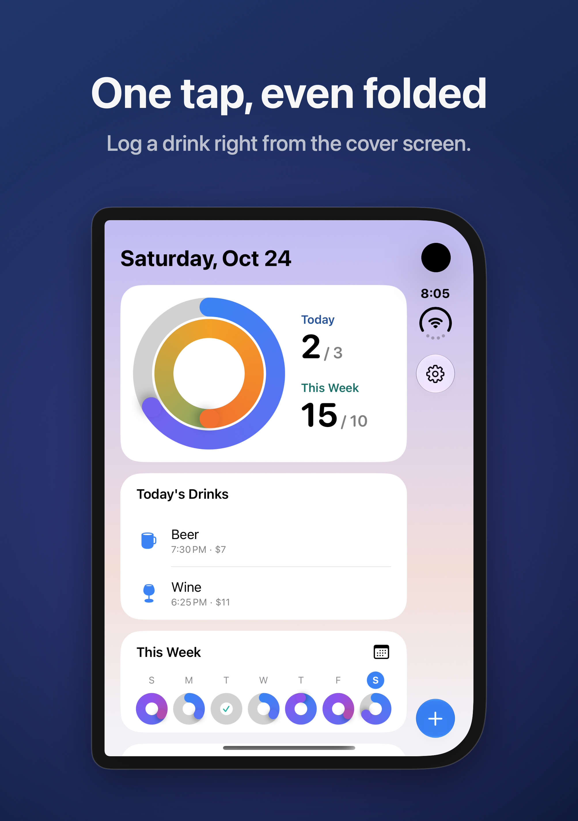 The folded iPhone Duo's cover screen: today's rings and drinks, with the blue log button at the bottom of the side rail.