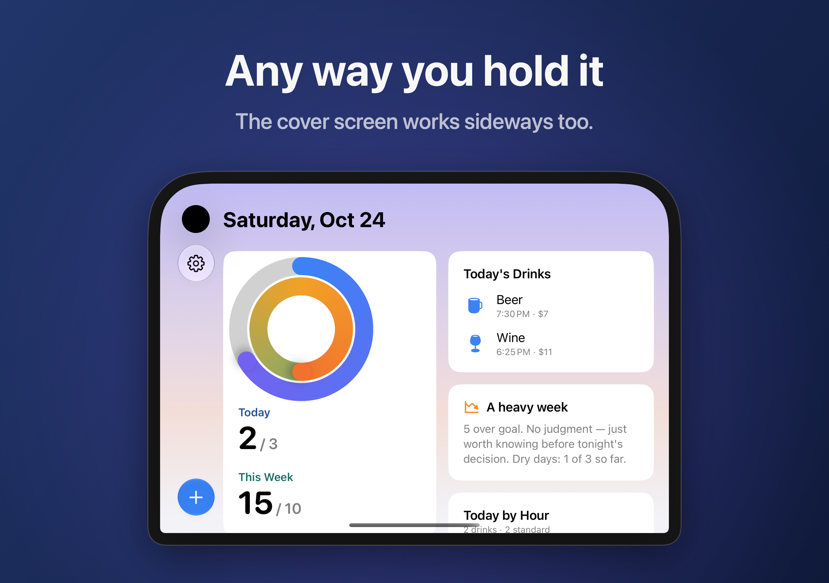 The folded iPhone Duo turned sideways: the cover screen shows the rings and today's drinks side by side, with the log button in the rail.
