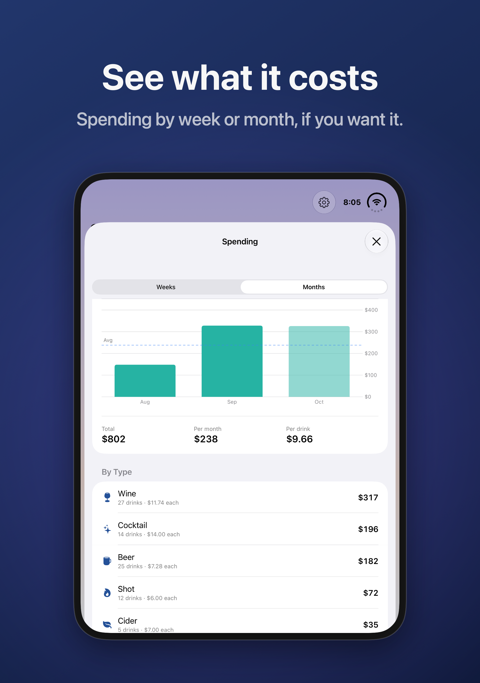 Spending on the open iPhone Duo: what drinks cost by month, and a breakdown by drink type.