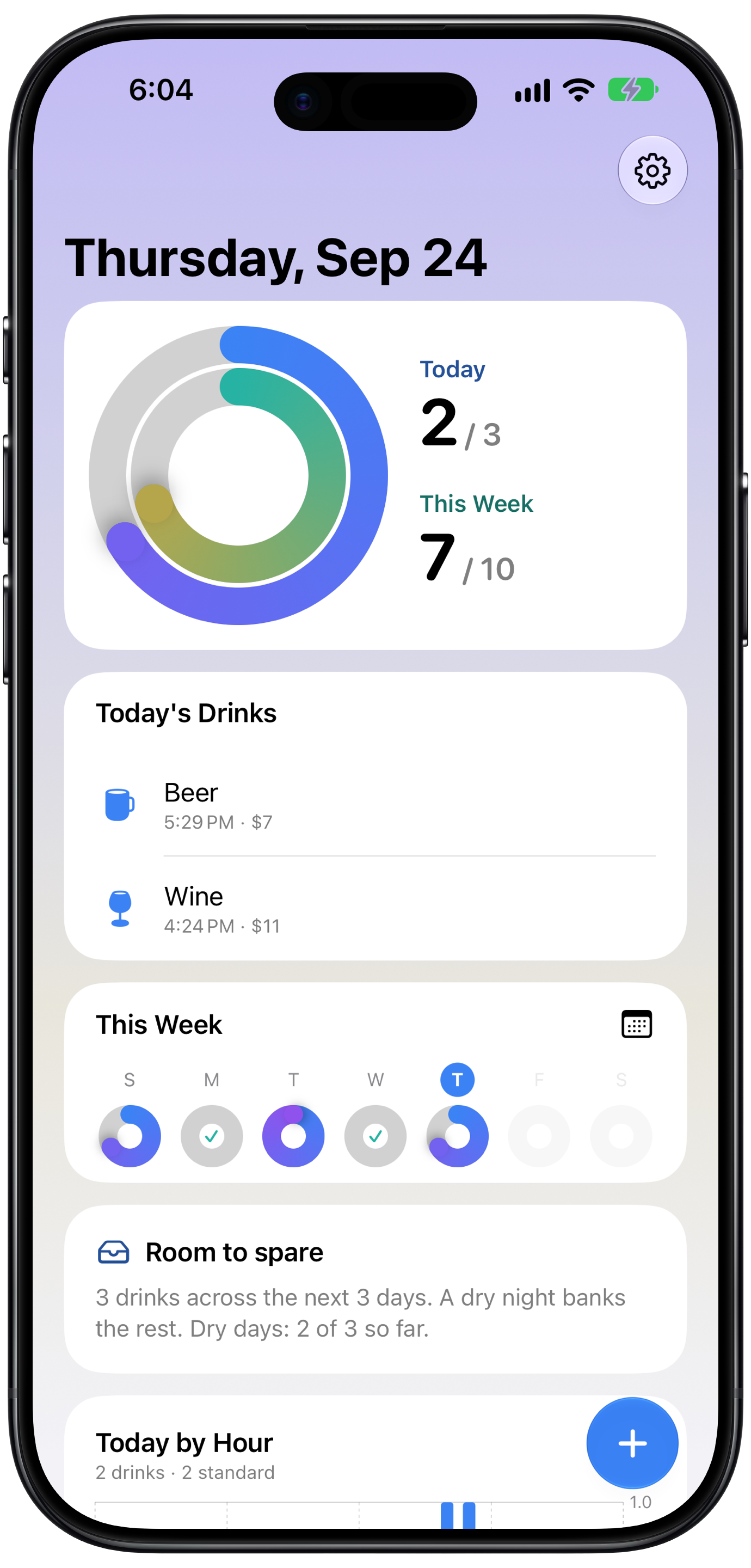 Moderation's Today screen on iPhone: two rings showing 2 of 3 drinks today and 7 of 10 this week, with today's drinks and the week's rings below.