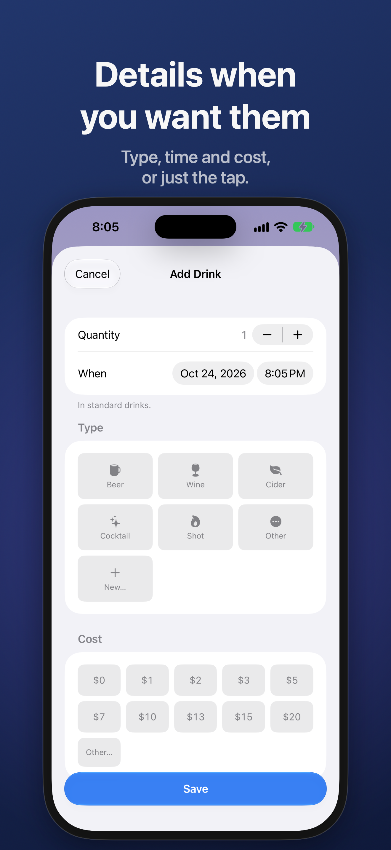 The Add Drink form on iPhone: quantity, time, drink type and cost.