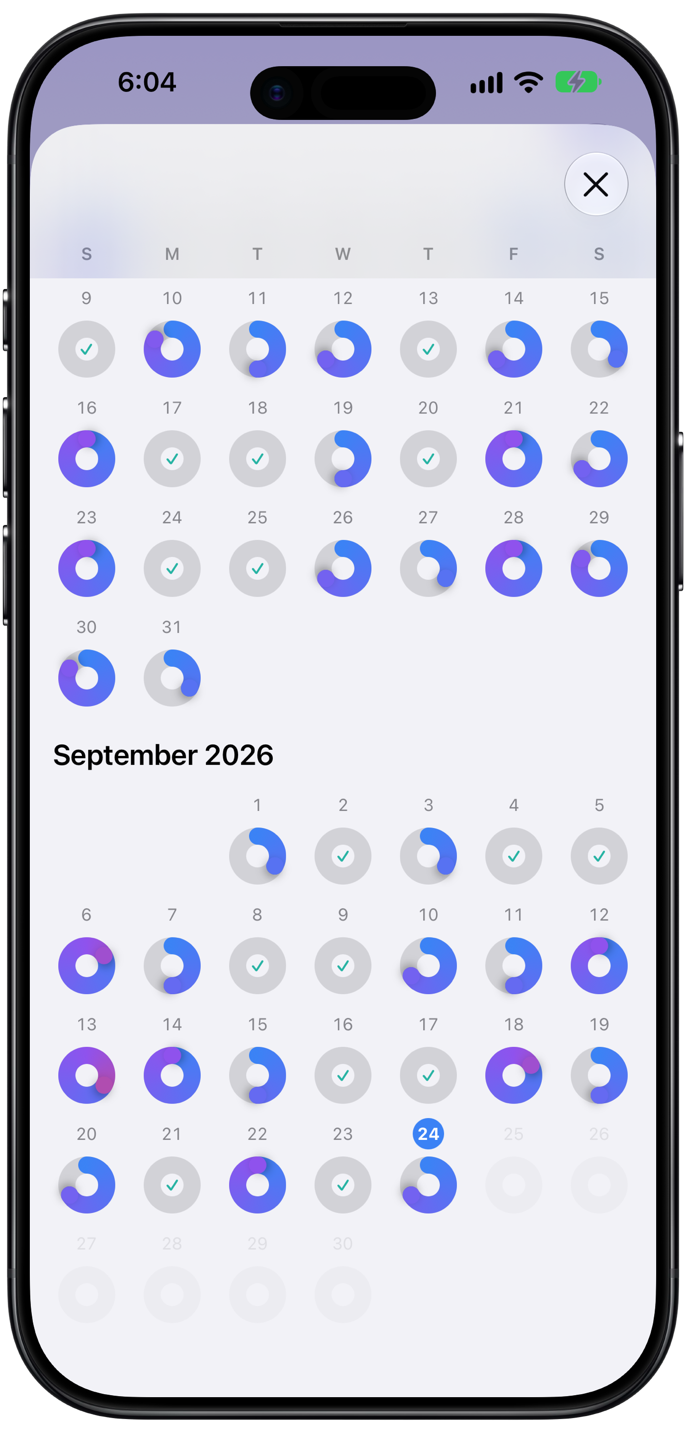 Moderation's calendar on iPhone: a month of daily rings, with dry days and days over the limit easy to spot.