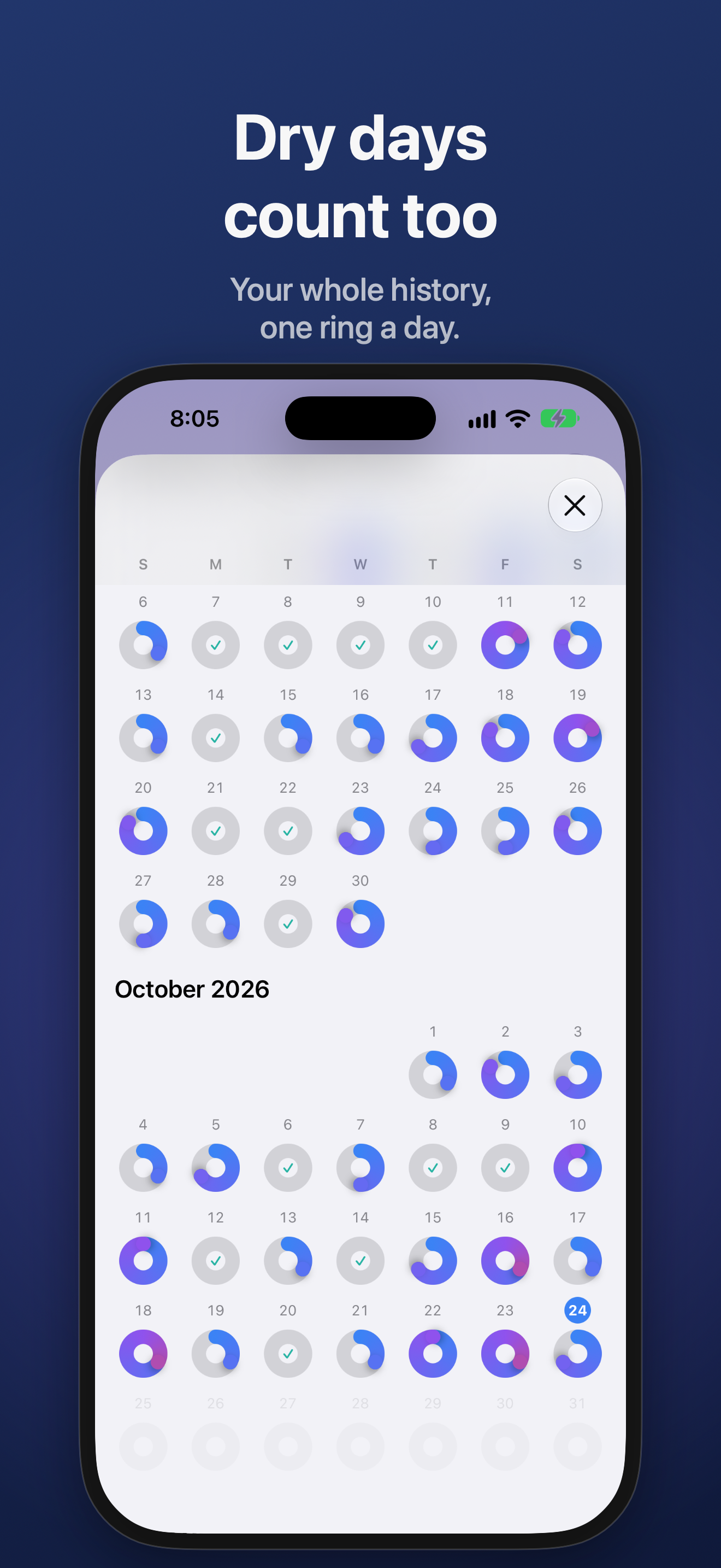 The ring calendar on iPhone: one ring for every day, with check marks on dry days.