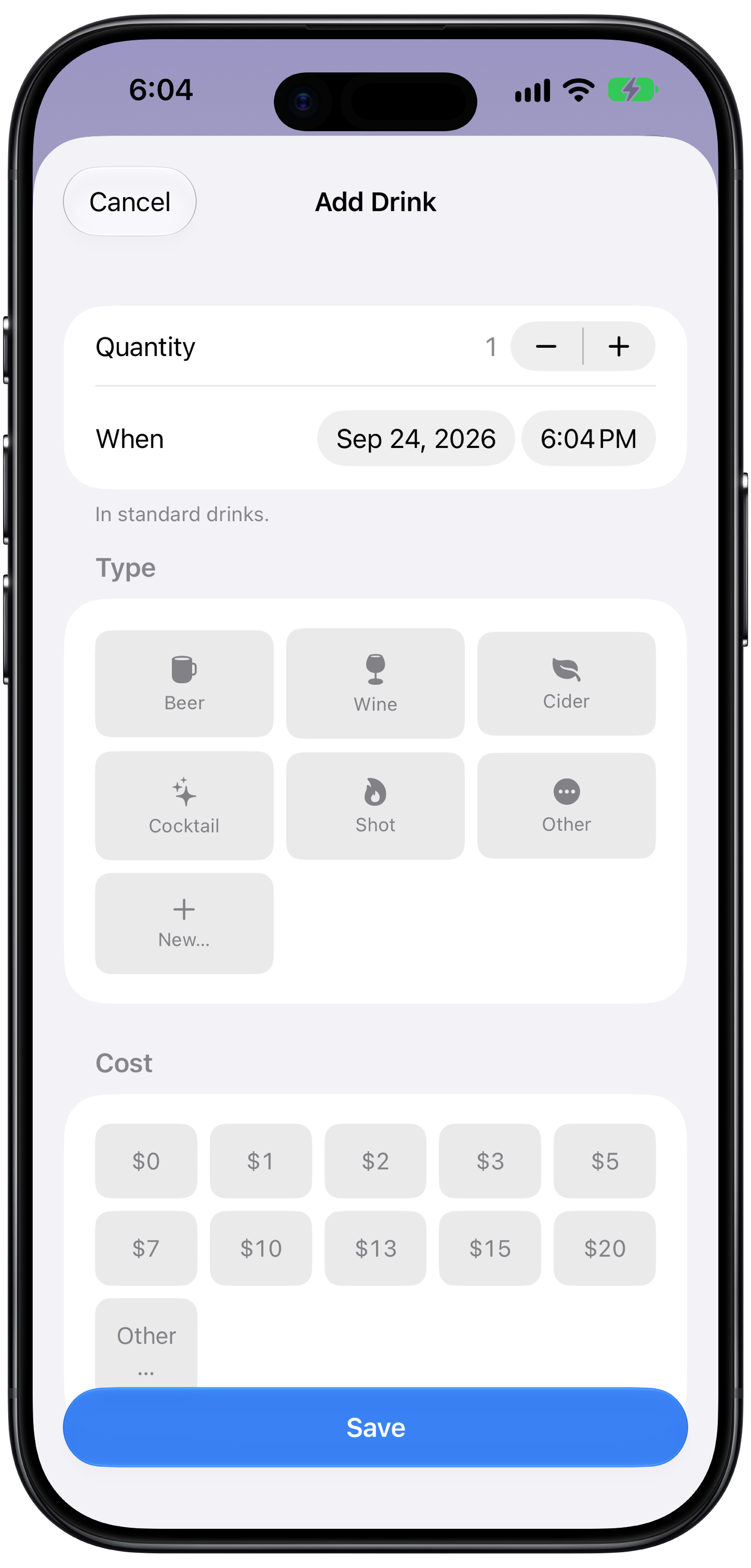 Logging a drink in Moderation on iPhone: quantity, time, drink type, and an optional cost.