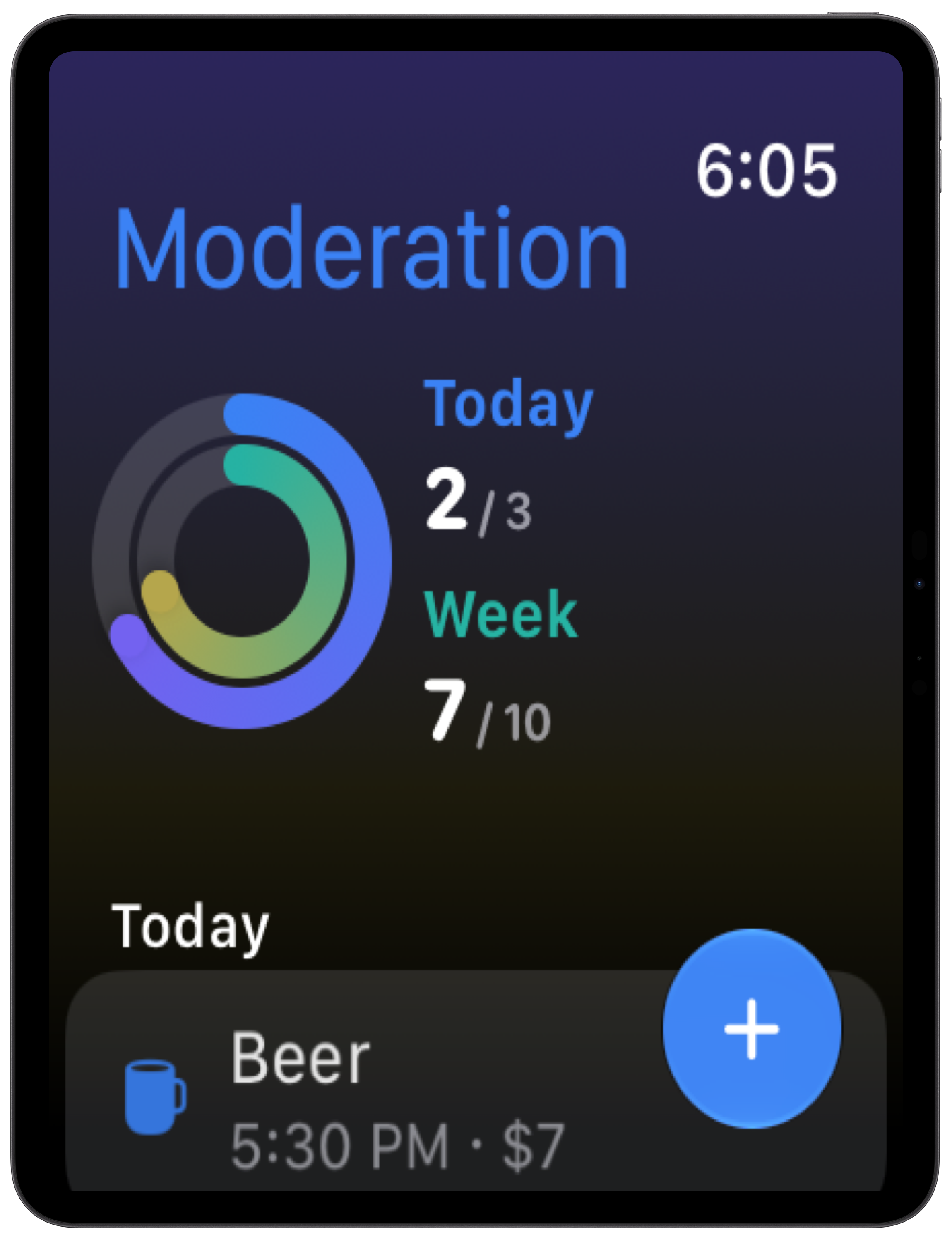 Moderation on Apple Watch: rings showing 2 of 3 drinks today and 7 of 10 this week, with a button to log a drink.